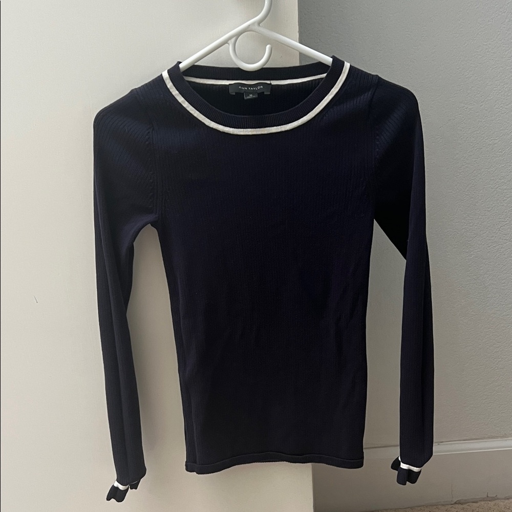 Ann Taylor Dark Blue Sweater with White Trim | XS